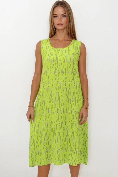 Fıstık Yeşili Desenli Çift Cepli Kolsuz Rahat Kesim Elbise