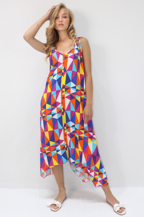 Fuşya Asimetrik Kesim Askılı Halka Detaylı Rahat Kalıp Dokuma Viskon Elbise