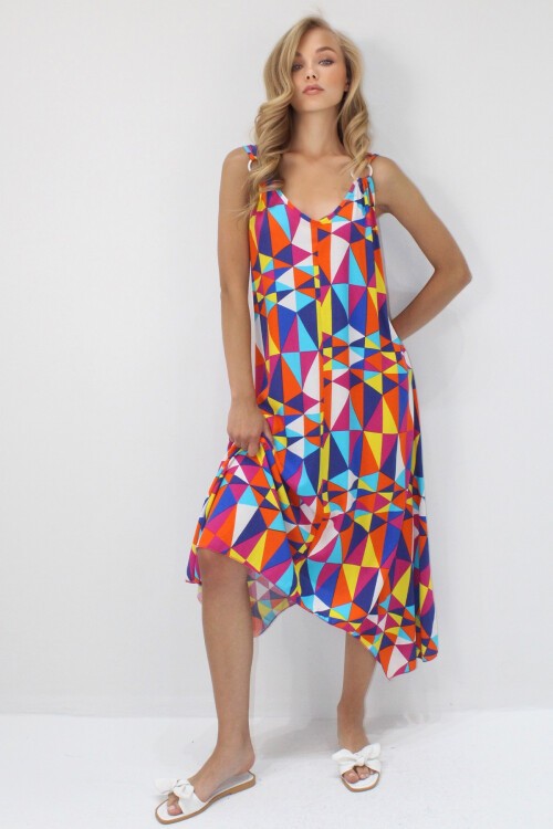 Fuşya Asimetrik Kesim Askılı Halka Detaylı Rahat Kalıp Dokuma Viskon Elbise