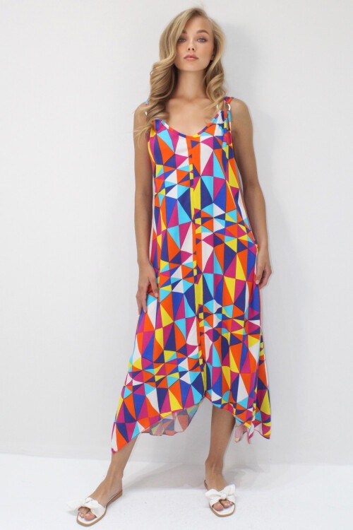 Fuşya Asimetrik Kesim Askılı Halka Detaylı Rahat Kalıp Dokuma Viskon Elbise