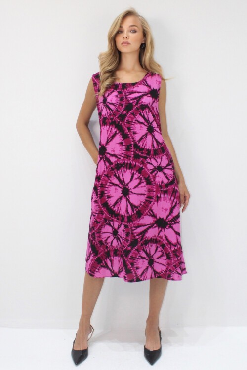 Fuşya Bisiklet Yaka Çift Cepli Batik Desenli A Form Midi Boy Dokuma Viskon Elbise