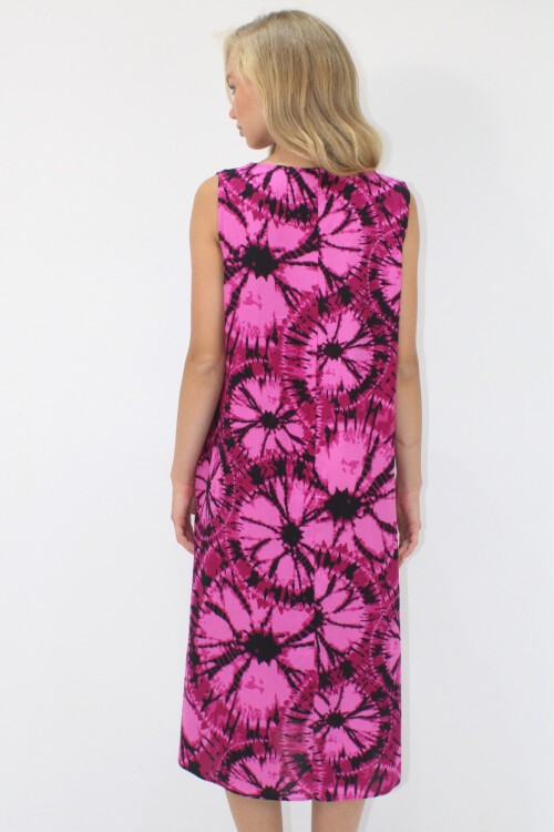 Fuşya Bisiklet Yaka Çift Cepli Batik Desenli A Form Midi Boy Dokuma Viskon Elbise