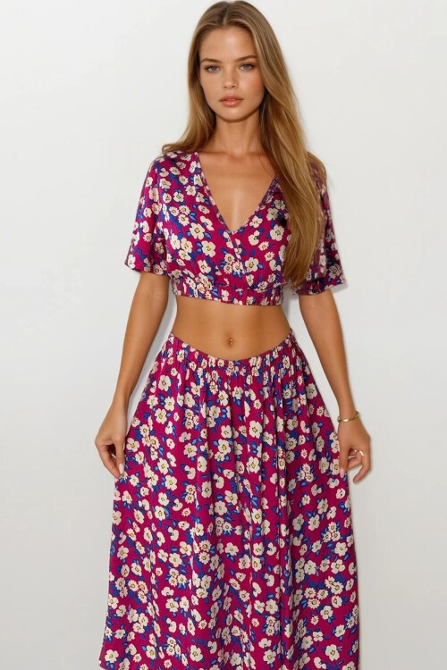 Fuşya Çiçek Desenli Crop Bluz Ve Etek Takım