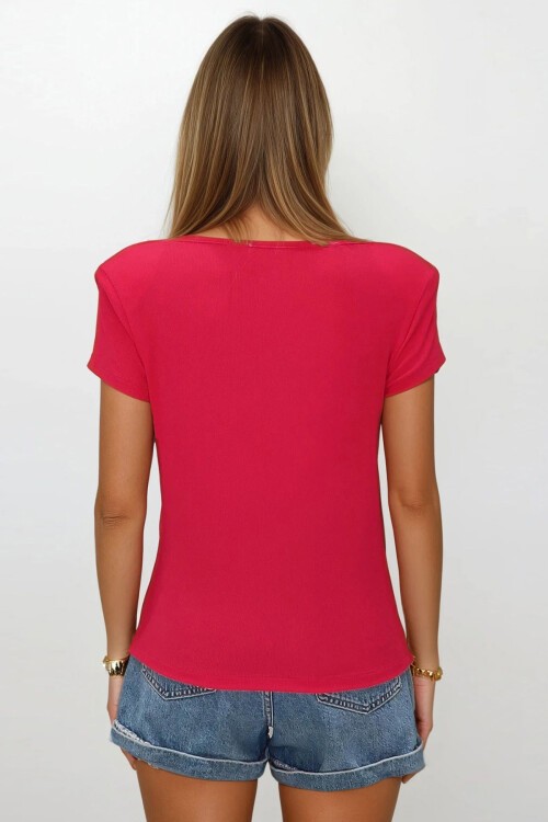 Fuşya Degaje Yaka Dökümlü Vatkalı Örme Bluz