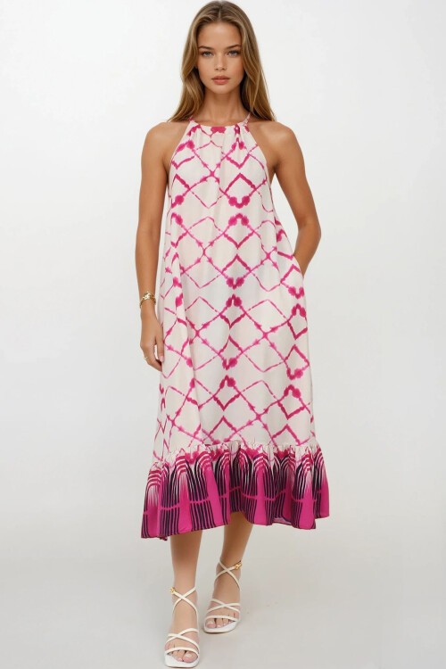 Fuşya Desenli  Bağlamalı Eteği Fileli Maxi Boy Çift Cepli Elbise Elbise