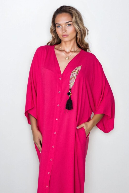 Fuşya Düğmeli Çift Cepli Nakışlı Büyük Beden Elbise