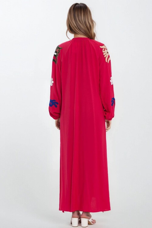 Fuşya Hakim Yaka Bağcıklı Kolları Lastikli Desenli Büyük Beden Elbise