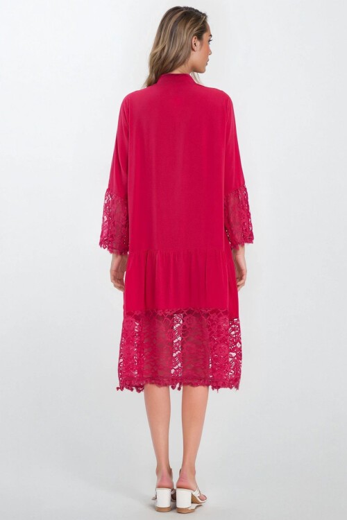 Fuşya Hakim Yaka Önü Düğmeli Dantelli Viskon Elbise