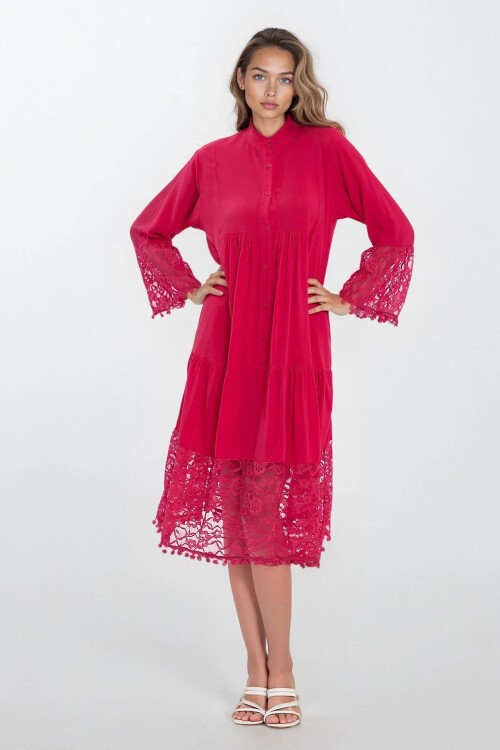 Fuşya Hakim Yaka Önü Düğmeli Dantelli Viskon Elbise