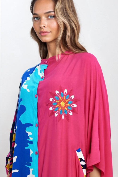 Fuşya Hakim Yaka Önü Düğmeli Tek Cepli Büyük Beden Viskon Elbise