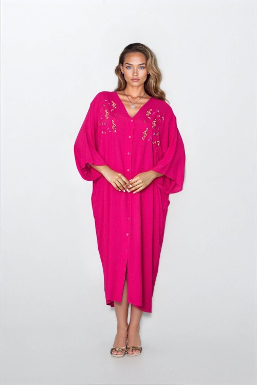 Fuşya Önü Düğmeli Çift Cepli Büyük Beden Viskon Elbise