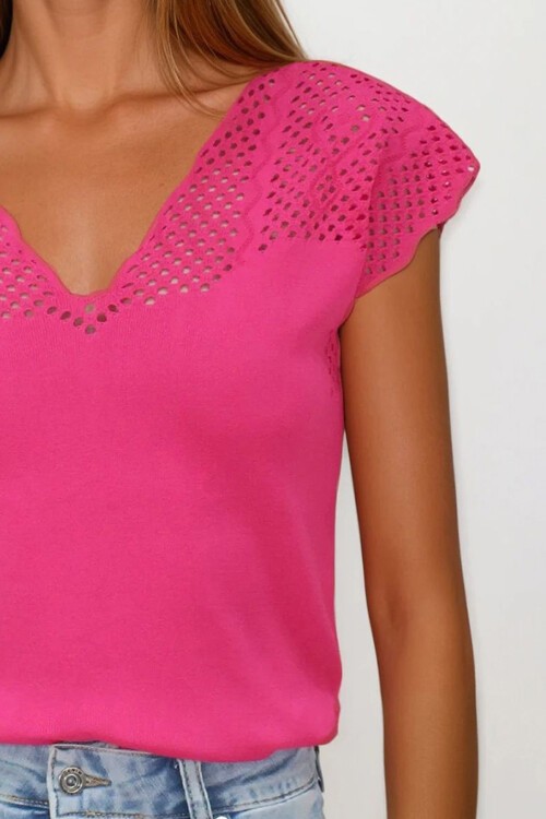 Fuşya Önü Ve Arkası V Yaka Delik Ajurlu Triko Bluz