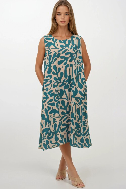 Gök Mavisi Desenli Çift Cepli Kolsuz Rahat Kesim Elbise