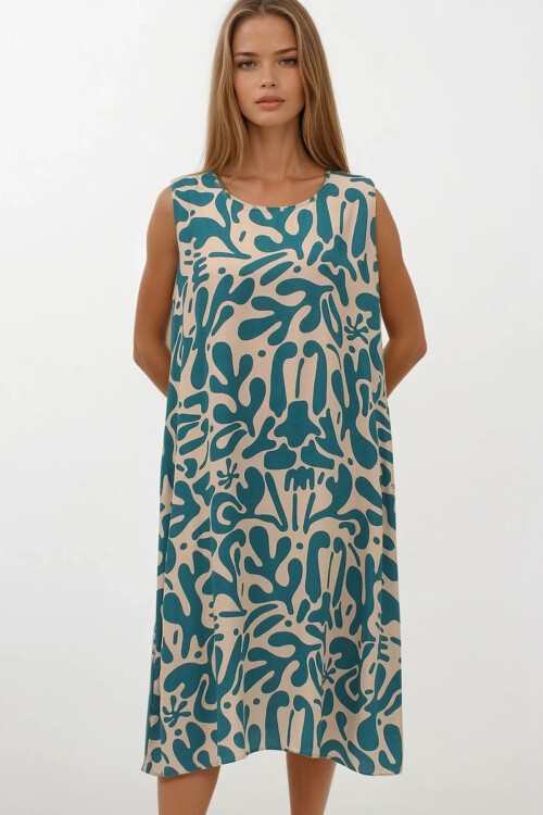 Gök Mavisi Desenli Çift Cepli Kolsuz Rahat Kesim Elbise