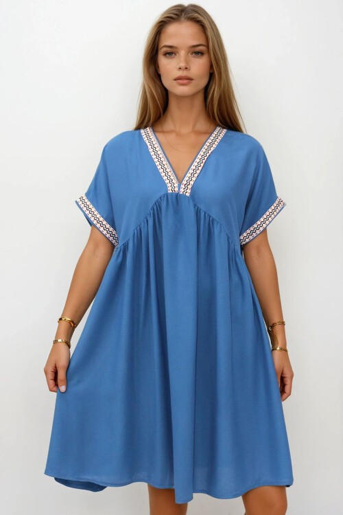 Gök Mavisi V Yaka Kısa Kollu Midi Boy Rahat Kesim Elbise