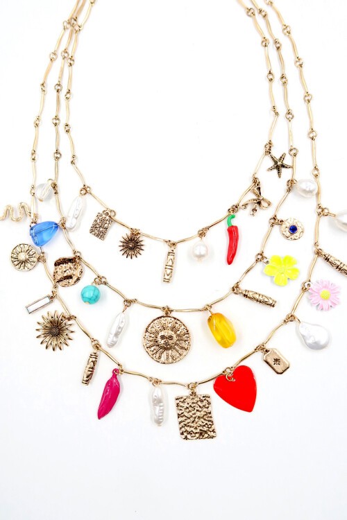 Gold 3Lü Charm Kolye Seti