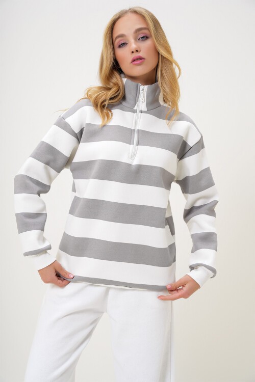 Gri Balıkçı Yaka Önü Fermuarlı Çizgili Üç İplik İçi Şardonlu Kışlık Sweatshırt