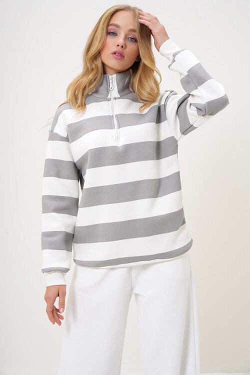 Gri Balıkçı Yaka Önü Fermuarlı Çizgili Üç İplik İçi Şardonlu Kışlık Sweatshırt