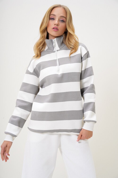 Gri Balıkçı Yaka Önü Fermuarlı Çizgili Üç İplik İçi Şardonlu Kışlık Sweatshırt