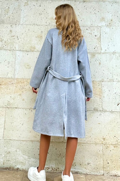 Gri Çift Cepli İçi Astarsız Kendinden Kemerli Kaşe Kaban