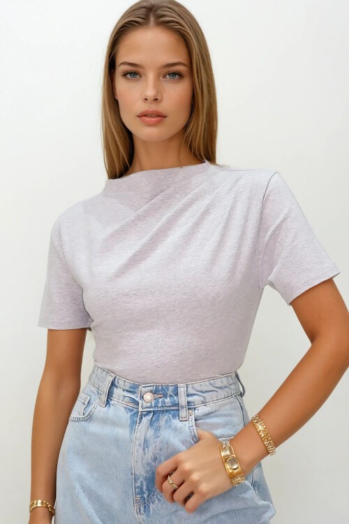 Grimelanj Dik Yaka Omuzu Drapeli Cotton Bluz