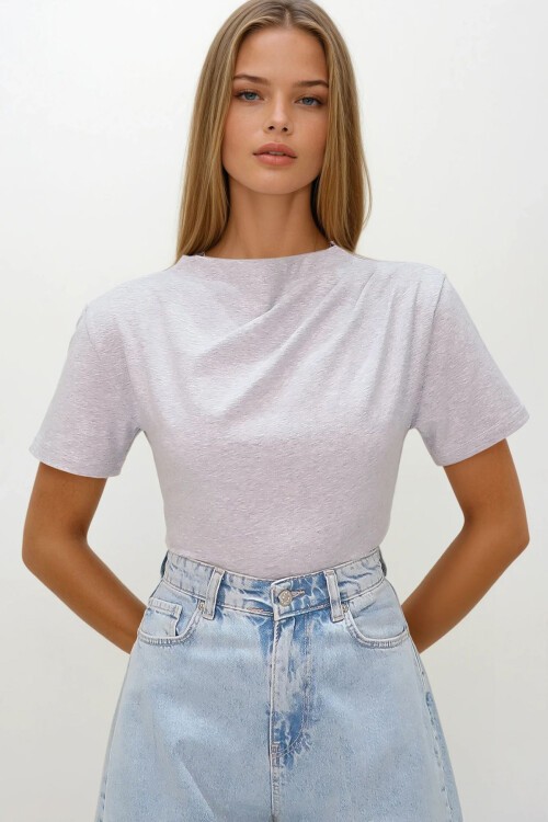 Grimelanj Dik Yaka Omuzu Drapeli Cotton Bluz