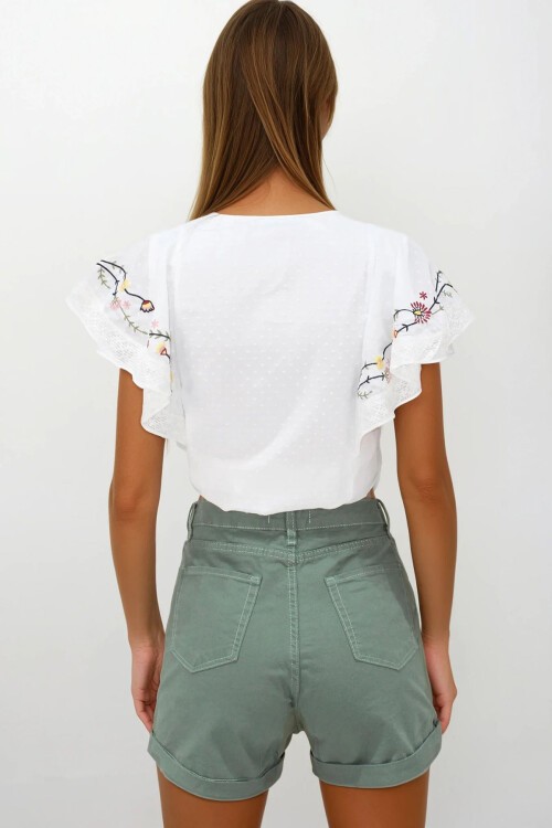 Haki 5 Cepli Double Paça Denim Şort