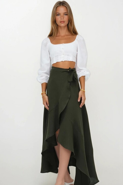 Haki Asimetrik Kesim Düğme Kapamalı Müslin Etek