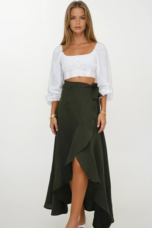 Haki Asimetrik Kesim Düğme Kapamalı Müslin Etek