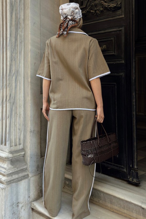 Haki Bağlamalı Gömlek Yaka Bluz Ve Pantolon Takım