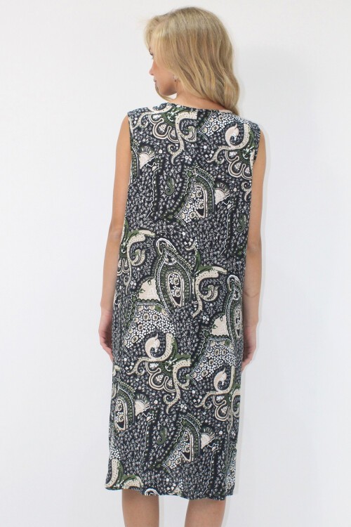 Haki Bisiklet Yaka Bağlama Detaylı Desenli Çift Cepli Dokuma Viskon Elbise