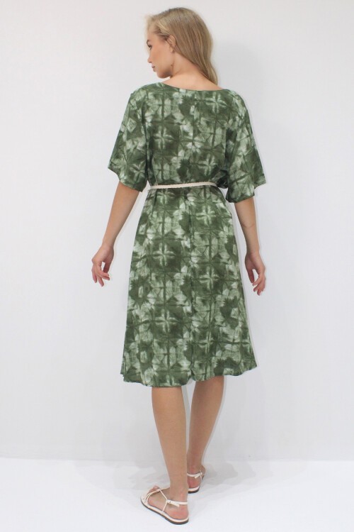 Haki Bisiklet Yaka Desenli Rahat Kalıp Dokuma Viskon Elbise