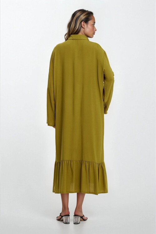 Haki Gömlek Yaka Düğmeli Nakış İşlemeli Eteği Fırfırlı Büyük Beden Elbise