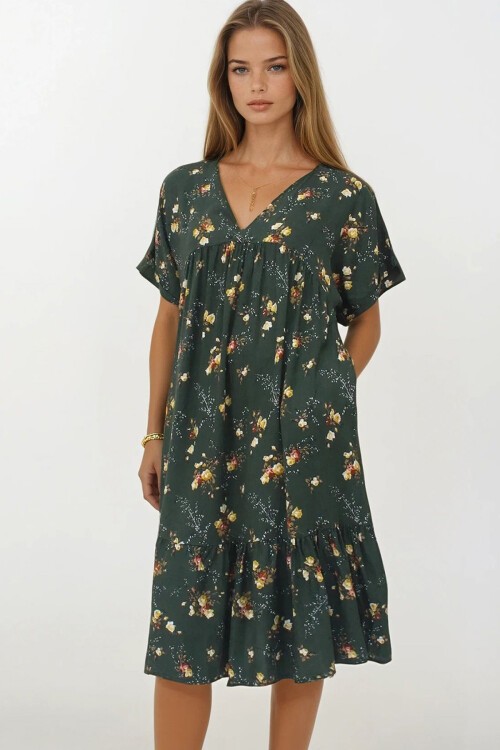 Haki Kruvaze Yaka Eteği Pileli Midi Boy Çift Cepli Elbise Elbise