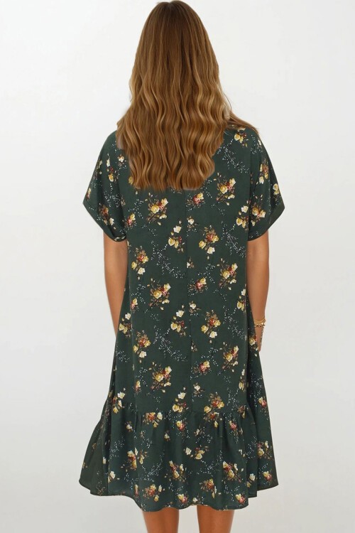 Haki Kruvaze Yaka Eteği Pileli Midi Boy Çift Cepli Elbise Elbise