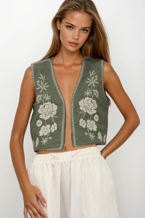 Haki Nakış Detaylı Astarlı Dokulu Crop Yelek