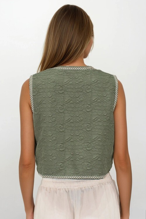 Haki Nakış Detaylı Astarlı Dokulu Crop Yelek