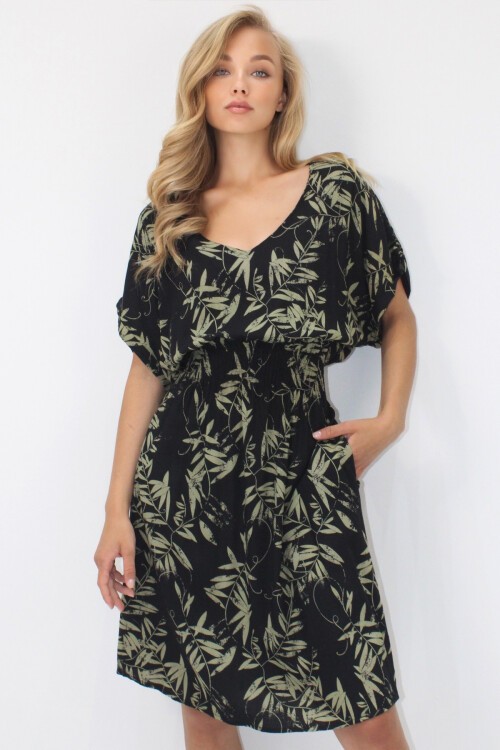 Haki V Yaka Çift Cepli Desenli Beli Gipeli Dokuma Viskon Elbise