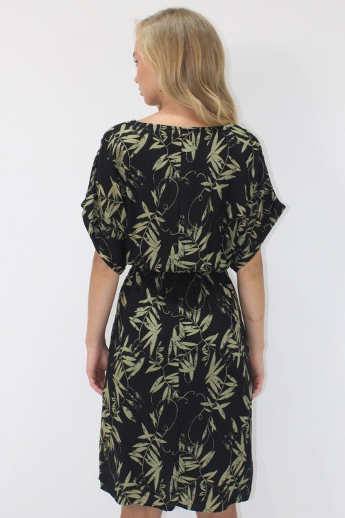 Haki V Yaka Çift Cepli Desenli Beli Gipeli Dokuma Viskon Elbise