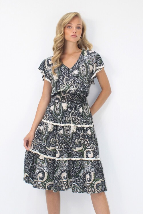 Haki V Yaka Etnik Desenli Fisto Detaylı Beli Gipeli Dokuma Elbise