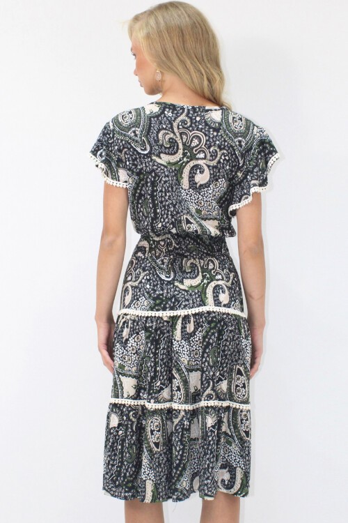 Haki V Yaka Etnik Desenli Fisto Detaylı Beli Gipeli Dokuma Elbise