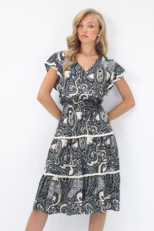 Haki V Yaka Etnik Desenli Fisto Detaylı Beli Gipeli Dokuma Elbise