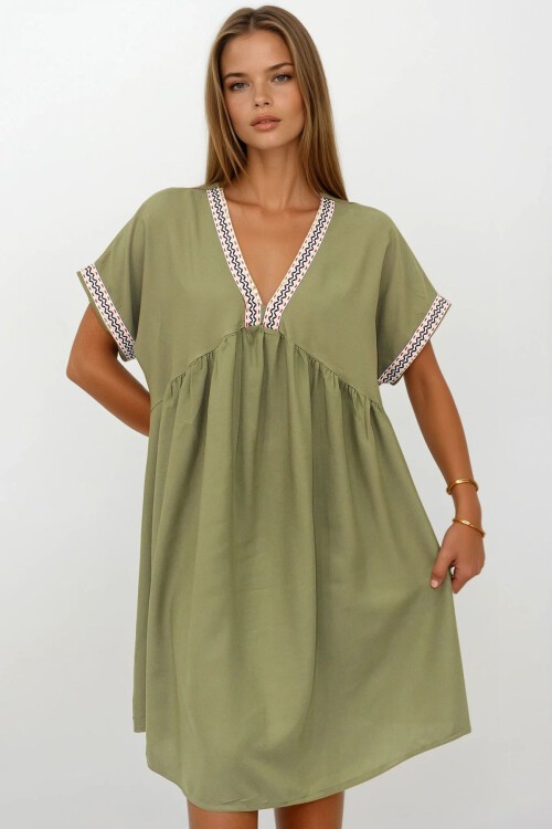 Haki V Yaka Kısa Kollu Midi Boy Rahat Kesim Elbise