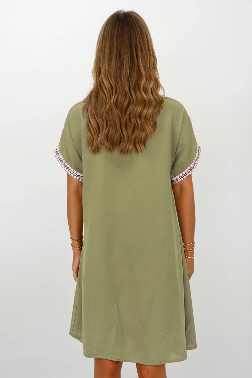 Haki V Yaka Kısa Kollu Midi Boy Rahat Kesim Elbise