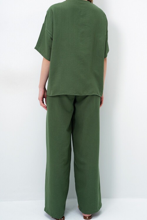 Haki V Yaka Metal Gold Düğme Detaylı Aerobin Bluz Ve Pantolon Alt Üst Takım