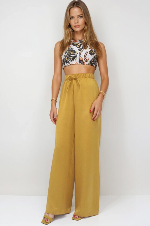 Hardal Bağcıklı Beli Lastikli Aerobin Palazzo Pantolon