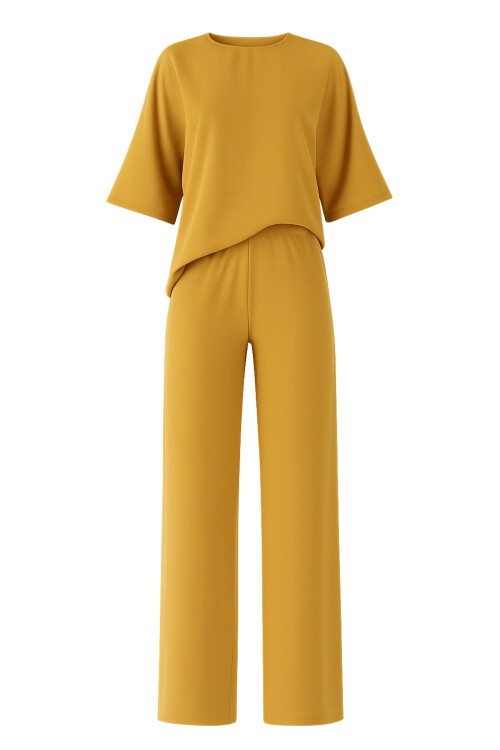 Hardal Kayık Yaka Bluz Ve Pantolon Aerobin Takım