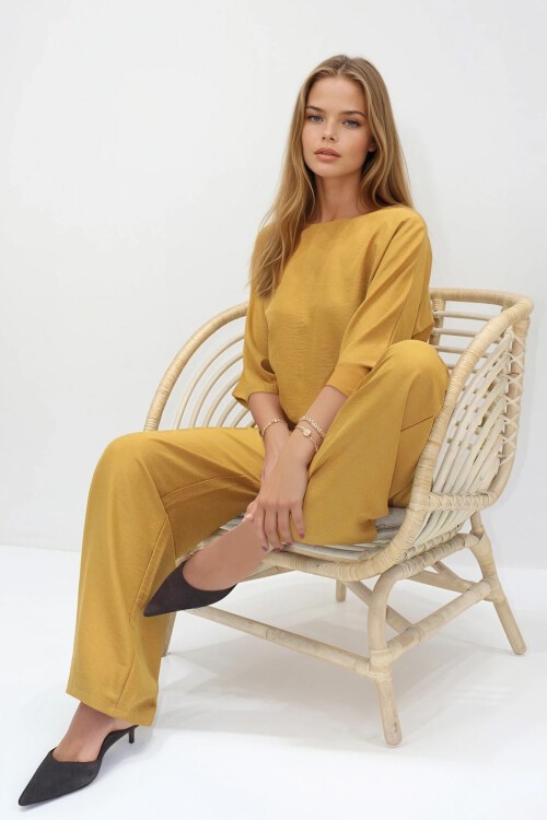 Hardal Kayık Yaka Bluz Ve Pantolon Aerobin Takım