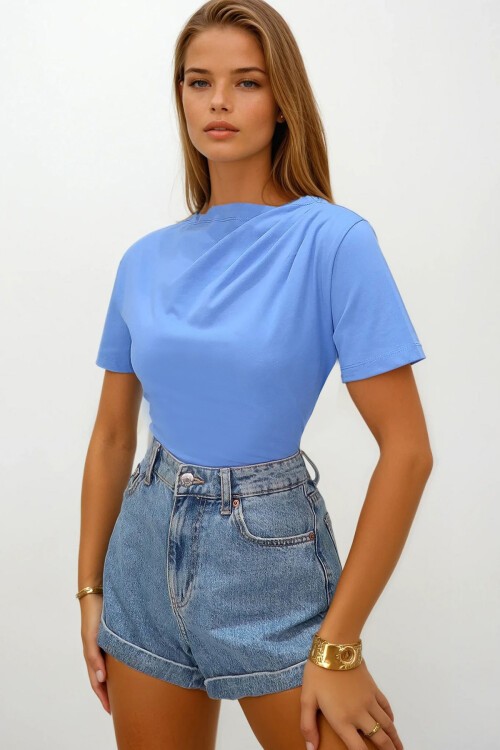 Havacı Mavi Dik Yaka Omuzu Drapeli Cotton Bluz