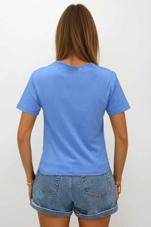 Havacı Mavi Dik Yaka Omuzu Drapeli Cotton Bluz